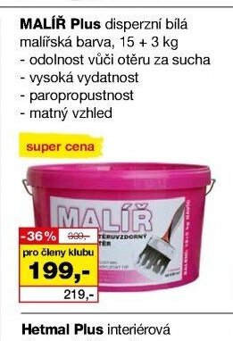 MALÍŘ Plus disperzní bílá malířská barva, 15 + 3 kg