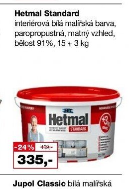 Hetmal Standard interiérová bílá malířská barva, 15 + 3 kg