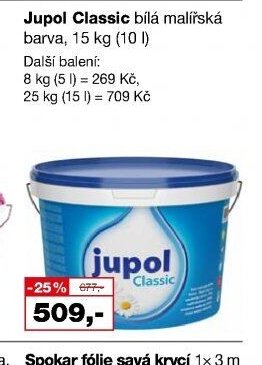 Jupol Classic bílá malířská barva, 15 kg (10 l)