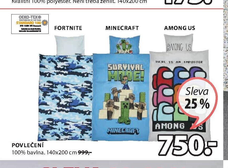Povlečení Fortnite, Minecraft, Among Us