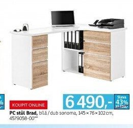 PC stůl Brad, bílá/dub sonoma, 145x76x102 cm, 4579058-00