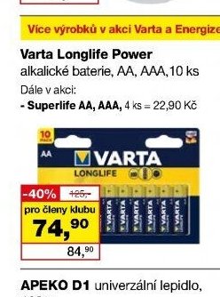 Varta Longlife Power alkalické baterie, AA, AAA, 10 ks