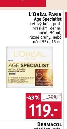 L'ORÉAL PARIS Age Specialist pleťový krém proti vráskám, denní, noční, 50 ml, různé druhy, nebo oční 55+, 15 ml