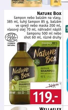 Nature Box šampon nebo balzám na vlasy, 385 ml, tuhý šampon 85 g, balzám ve spreji nebo maska 200 ml, vlasový olej 70 ml, náhradní náplň šamponu 500 ml nebo shot 60 ml, různé druhy