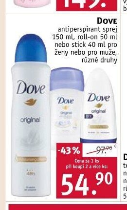 Dove antiperspirant sprej 150 ml, roll-on 50 ml nebo stick 40 ml pro ženy nebo muže, různé druhy