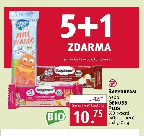 Babydream nebo Genuss Plus BIO ovocná tyčinka, různé druhy, 25 g