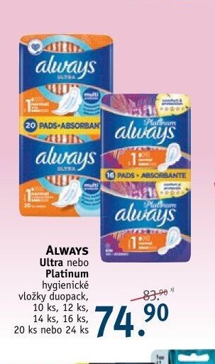 Always Ultra nebo Platinum hygienické vložky duopack