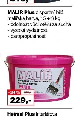 MALÍŘ Plus disperzní bílá malířská barva, 15 + 3 kg