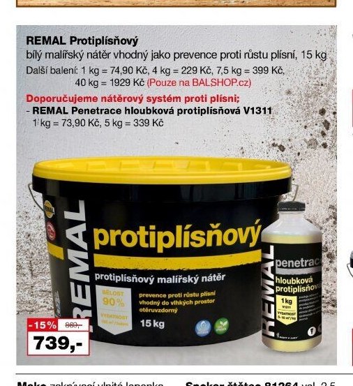 REMAL Protiplísňový bílý malířský nátěr, 15 kg