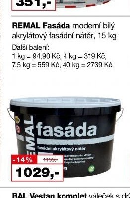 REMAL Fasáda moderní bílý akrylátový fasádní nátěr, 15 kg