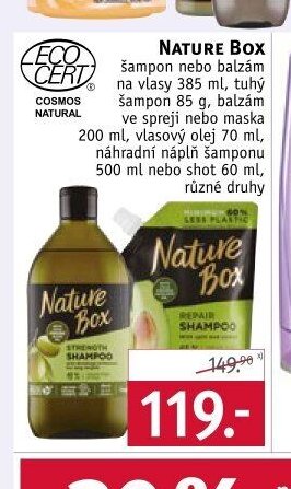 Nature Box šampon nebo balzám na vlasy 385 ml, tuhý šampon 85 g, balzám ve spreji nebo maska 200 ml, vlasový olej 70 ml, náhradní náplň šamponu 500 ml nebo shot 60 ml, různé druhy