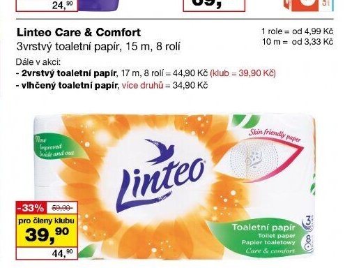 Linteo Care & Comfort 3vrstvý toaletní papír, 15 m, 8 rolí