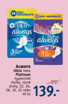 ALWAYS Ultra nebo Platinum hygienické vložky