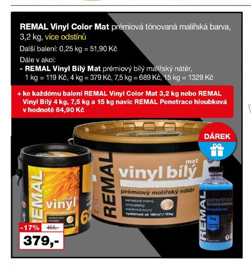 REMAL Vinyl Color Mat prémiová tónovaná malířská barva, 3,2 kg - Barvy a laky drogerie aktualniletaky.eu