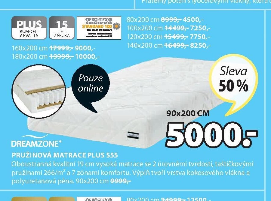 PRUŽINOVÁ MATRACE PLUS S55 90x200 cm