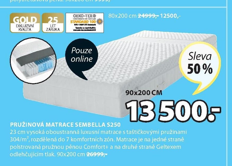 PRUŽINOVÁ MATRACE SEMBELLA S250 90x200 cm