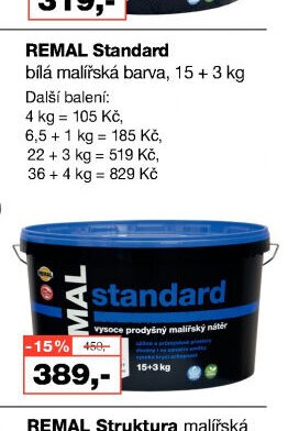 REMAL Standard bílá malířská barva, 15+3 kg