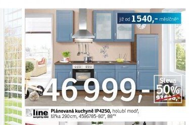 Plánovaná kuchyně IP4250, holubí modř, šířka 290cm