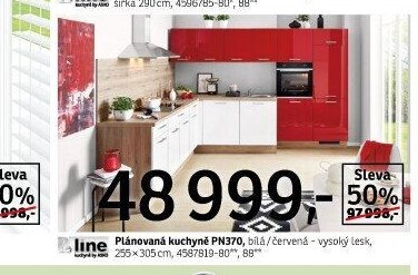 Plánovaná kuchyně PN370, bílá/červená - vysoký lesk, 255x305 cm