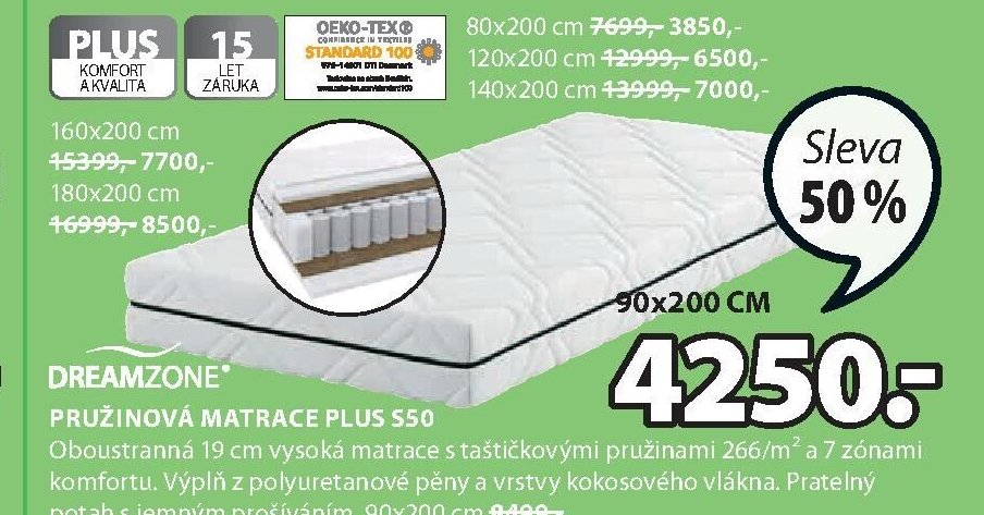 DREAMZONE PRUŽINOVÁ MATRACE PLUS S50