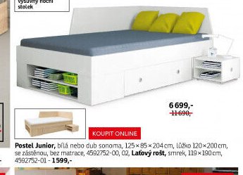 Postel Junior, bílá nebo dub sonoma, 125x85x204 cm, lůžko 120x200 cm, se zástěnou, bez matrace
