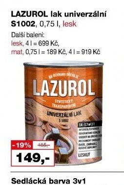 LAZUROL lak univerzální S1002, 0,75 l, lesk - Barvy a laky drogerie aktualniletaky.eu
