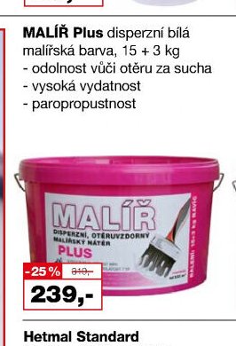 MALÍŘ Plus disperzní bílá malířská barva, 15 + 3 kg