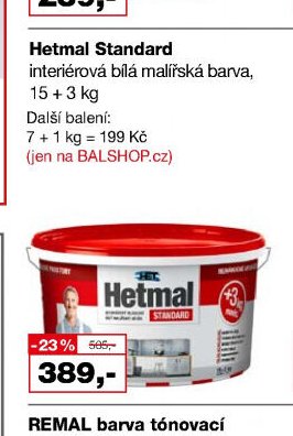 Hetmal Standard interiérová bílá malířská barva, 15 + 3 kg