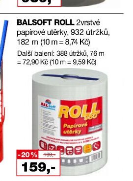 BALSOFT ROLL 2vrstvé papírové utěrky, 932 útržků, 182 m