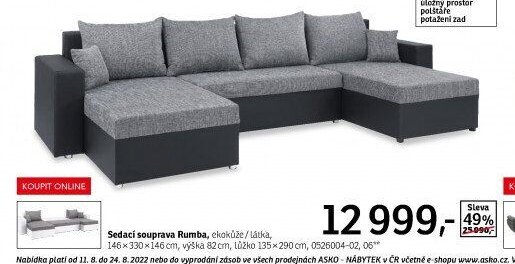 Sedací souprava Rumba, ekokůže/látka, 146x330x146 cm, výška 82 cm, lůžko 135x290 cm, 0526004-02, 06