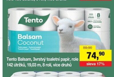 Tento Balsam, 3vrstvý toaletní papír, role 142 útržků, 19,03 m, 8 rolí, více druhů