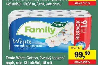 Tento White Cotton, 2vrstvý toaletní papír, role 131 útržků, 16 rolí