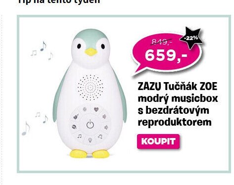 ZAZU Tučňák ZOE modrý musicbox s bezdrátovým reproduktorem
