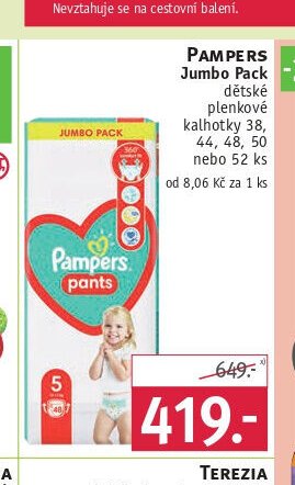 Pampers Jumbo Pack dětské plenkové kalhotky, 38, 44, 48, 50 nebo 52 ks