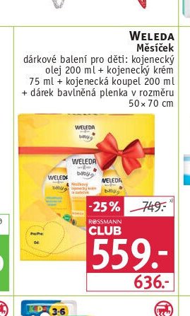 WELEDA Měsíček dárkové balení pro děti: kojenecký olej 200 ml + kojenecká koupel 200 ml + dárek bavlněná plenka v rozměru 50 x 70 cm