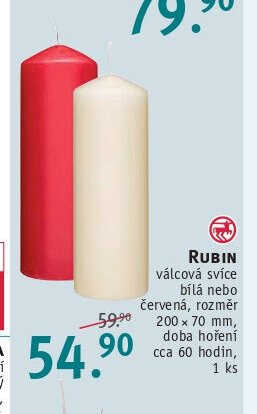 Rubin válcová svíce bílá nebo červená, rozměr 200 x 70 mm, doba hoření cca 60 hodin, 1 ks