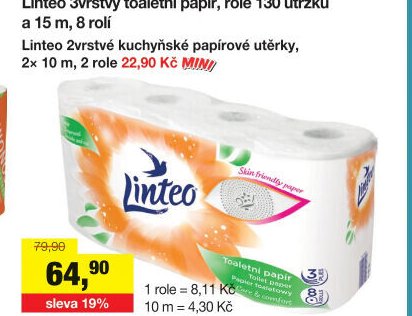 Linteo 3vrstvý toaletní papír a 15 m, 8 rolí