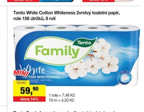 Tento White Cotton Whiteness 2vrstvý toaletní papír, 156 útržků, 8 rolí