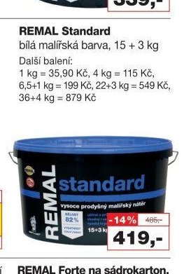 REMAL Standard bílá malířská barva, 15 + 3 kg