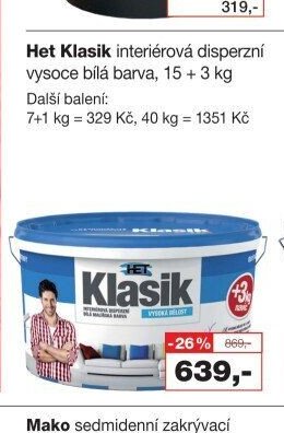 Het Klasik interiérová disperzní vysoce bílá barva, 15 + 3 kg - Barvy a laky drogerie aktualniletaky.eu