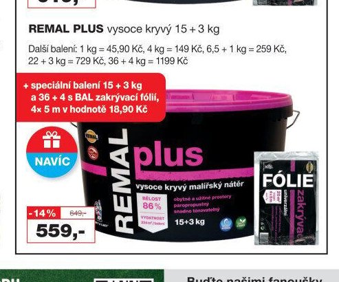 REMAL PLUS vysoce kryvý 15 + 3 kg