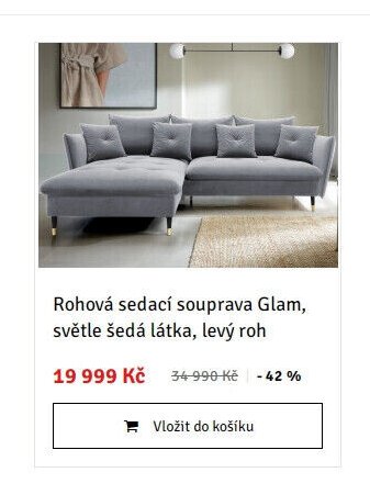 Rohová sedací souprava Glam, světle šedá látka, levý roh