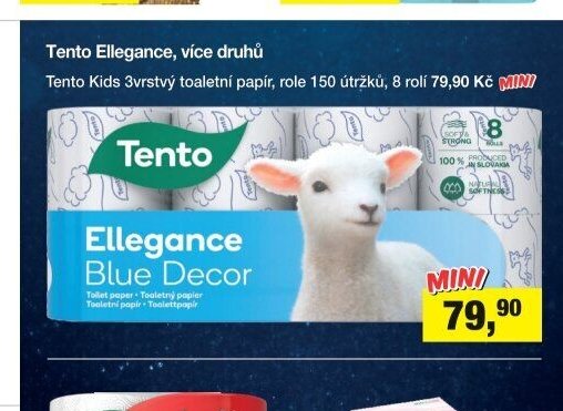 Tento Ellegance, více druhů; Tento Kids 3vrstvý toaletní papír, role 150 útržků, 8 rolí 79,90 Kč