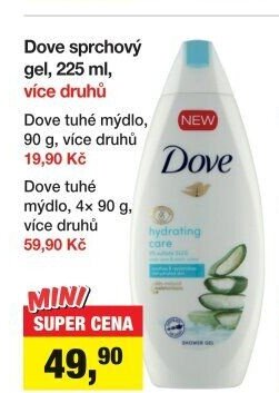 Dove sprchový gel, 225 ml, více druhů; Dove tuhé mýdlo, 19,90 Kč; Dove tuhé mýdlo, 4x 90 g, více druhů 59,90 Kč