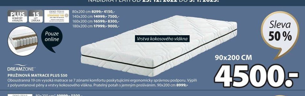 DREAMZONE PRUŽINOVÁ MATRACE PLUS S50