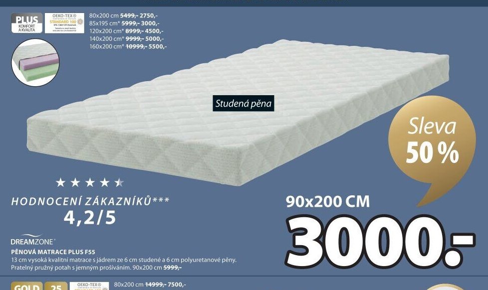 DREAMZONE PĚNOVÁ MATRACE PLUS F55