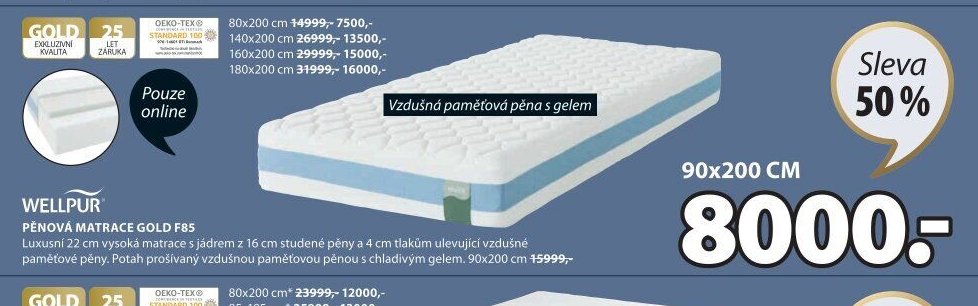 WELLPUR PĚNOVÁ MATRACE GOLD F85