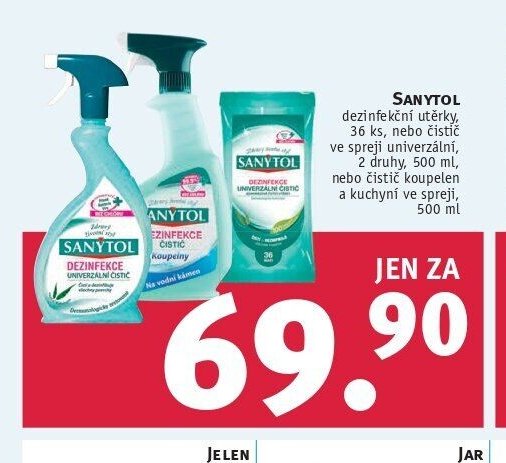 SANYTOL dezinfekční utěrky 36 ks, nebo čistič ve spreji univerzální, 2 druhy, 500 ml, nebo čistič koupelen a kuchyní ve spreji, 500 ml - ROSSMANN drogerie aktualniletaky.eu