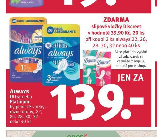 ALWAYS Ultra nebo PLATINUM hygienické vložky, různé druhy, 22, 26, 28, 30, 32 nebo 40 ks