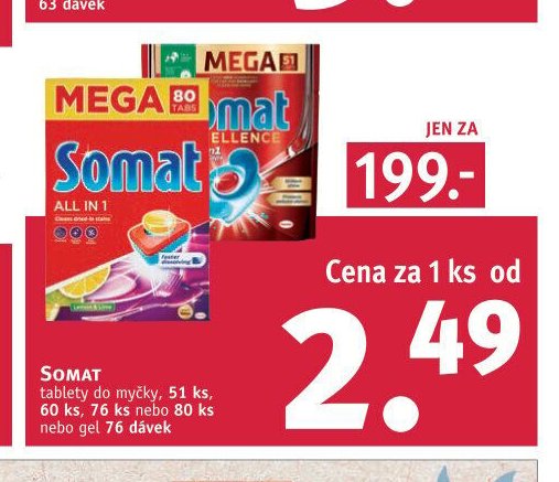 SOMAT tablety do myčky, 51 ks, 60 ks, 76 ks nebo 80 ks nebo gel 76 dávek